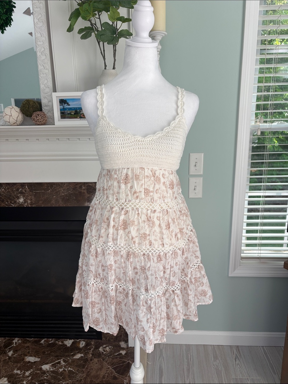 Cream Crochet Bodice Midi Dress with Floral Skirt